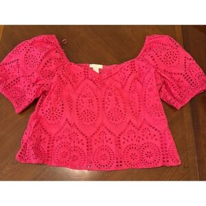 H&M S Hot Pink Puff Sleeve Eyelet Top Cotton NWT Size XL